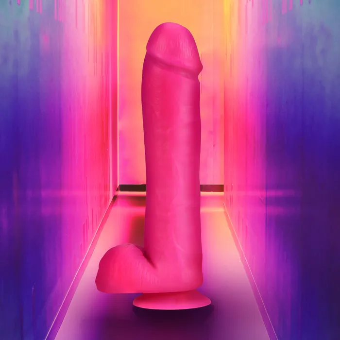 Blush Novelties Neo Elite 11 Inch Silicone Dual Density Cock with Balls Neon Pink Dildos