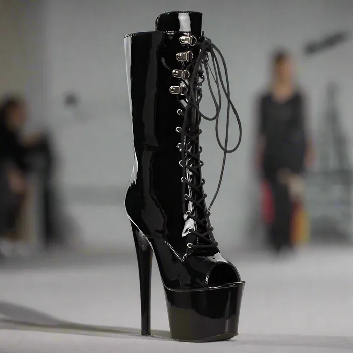 PeepToe LaceUp Front Ankle Boot Black 7Inch Stiletto Size 7 Ellie Shoes Anal