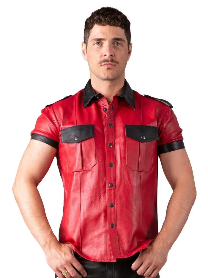 HonourSkintwocom Anal Slim Fit Leather Shirt in Red Black