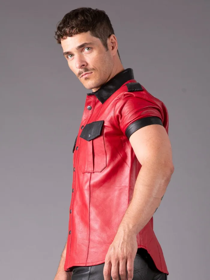 HonourSkintwocom Anal Slim Fit Leather Shirt in Red Black