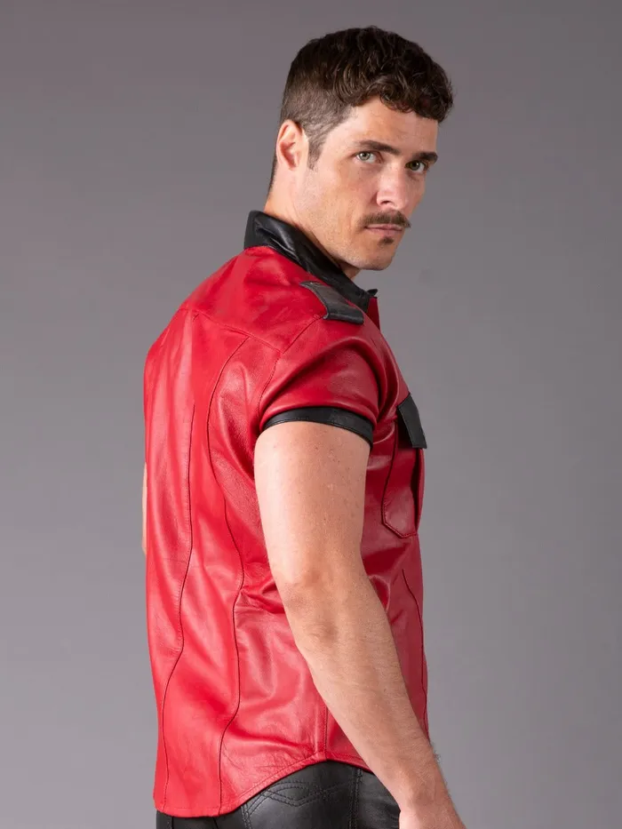 HonourSkintwocom Anal Slim Fit Leather Shirt in Red Black