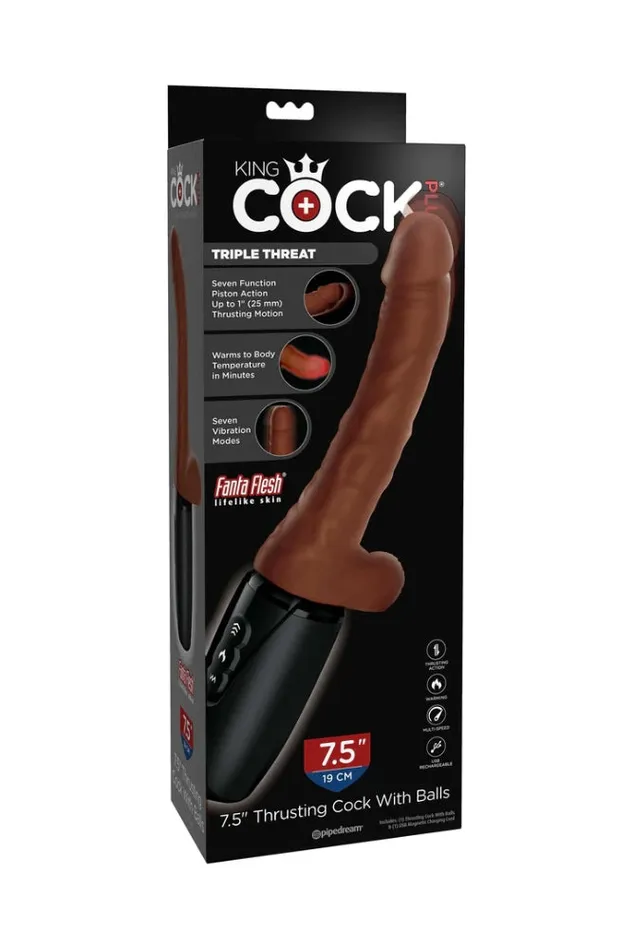 Pipedream Female Sex Toys Pipedream King Cock Plus Warming Thrusting Cock with Balls 75 Brown