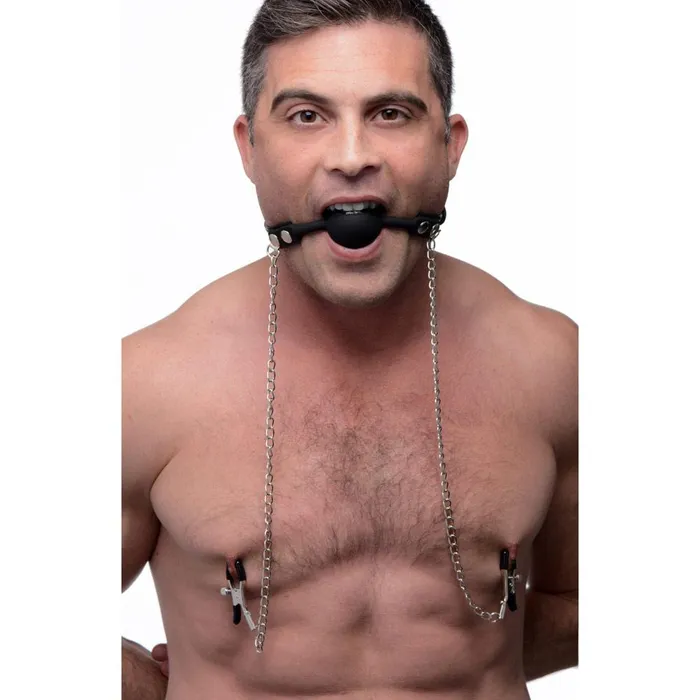 Male Sex Toys Strict Silicone Ball Gag with Nipple Clamps