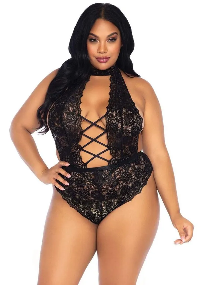Leg Avenue Leg Avenue High Neck Floral Lace Backless Teddy with Lace Up Accents and Crotchless Thong Panty Female Sex Toys