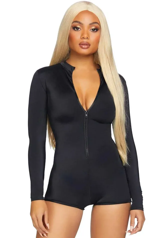 2024 Holiday Sale Specials Anal Zipper Front Long Sleeved Matte Romper Large Black