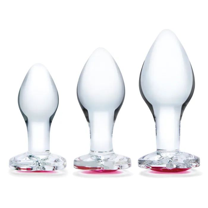 Anal Electric Novelties 3 Pc Heart Jewel Glass Anal Training Kit Clearpink