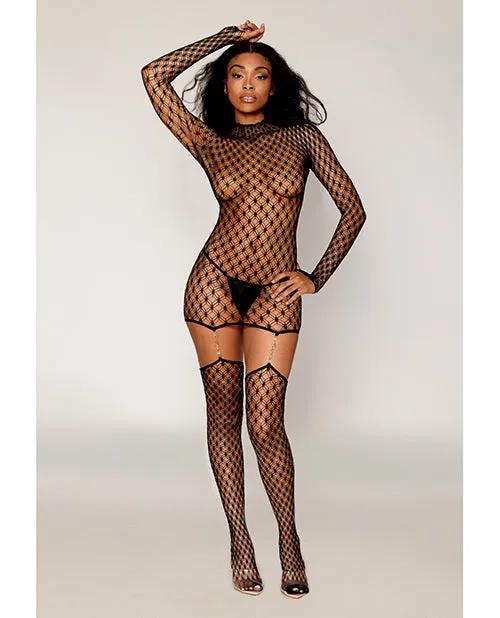 Anal Black Diamond Geometric Fence Net Turtleneck Garter Dress wStockings Black OS Anal Black Diamond Geometric Fence Net Turtleneck Garter Dress wStockings Black OS