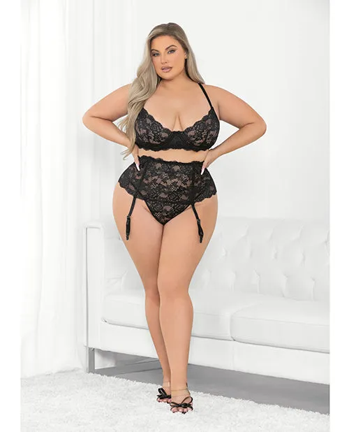 Anal Escante Floral Lace Bra High Waist Garterbelt GString Black 1X