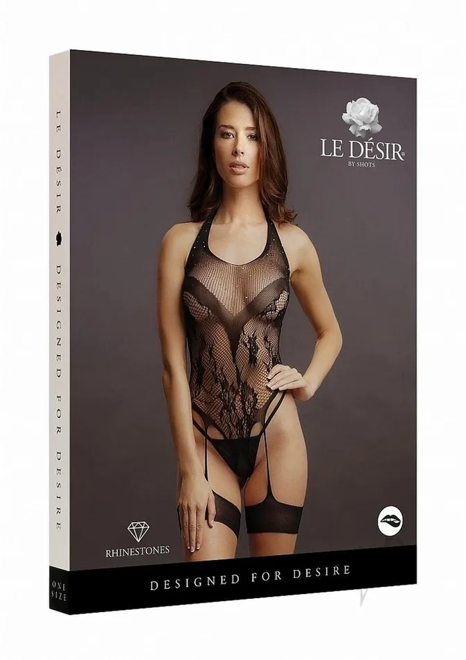 Anal Le Desir Crotchless Rhinestone Halter Teddy OS Black Le Desir