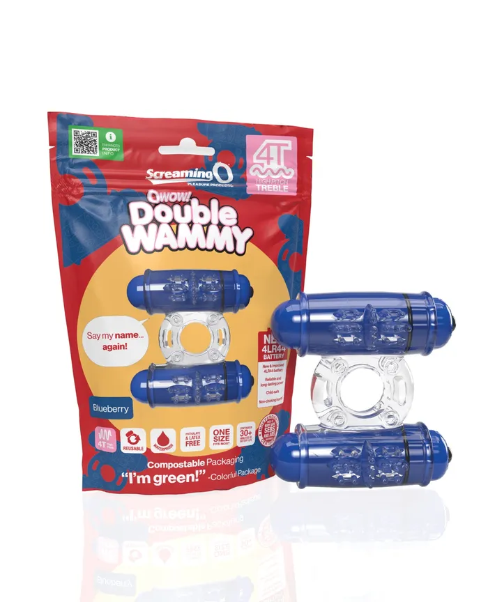 Couples 4T Double Wammy Silicone Dual Vibrating Couples Cock Ring Blueberry Screaming O
