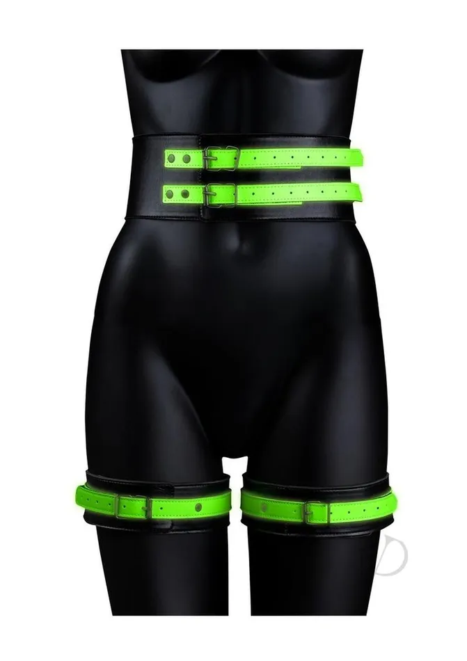 Female Sex Toys Ouch Ouch Thigh Cuffs with Belt and Handcuffs Glow in the Dark SmallMedium Green