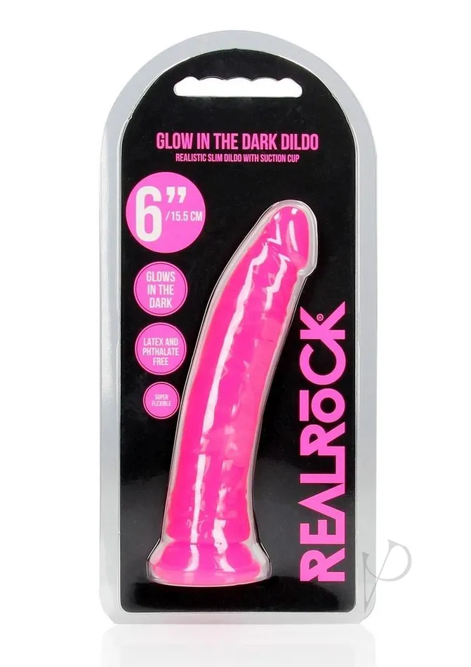 Female Sex Toys RealRock Slim Glow in the Dark Dildo with Suction Cup 6in Pink Real Rock