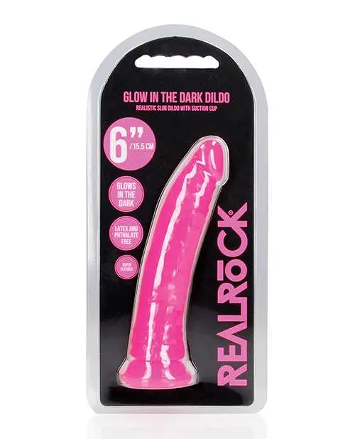 Female Sex Toys RealRock Slim Glow in the Dark Dildo with Suction Cup 6in Pink Real Rock
