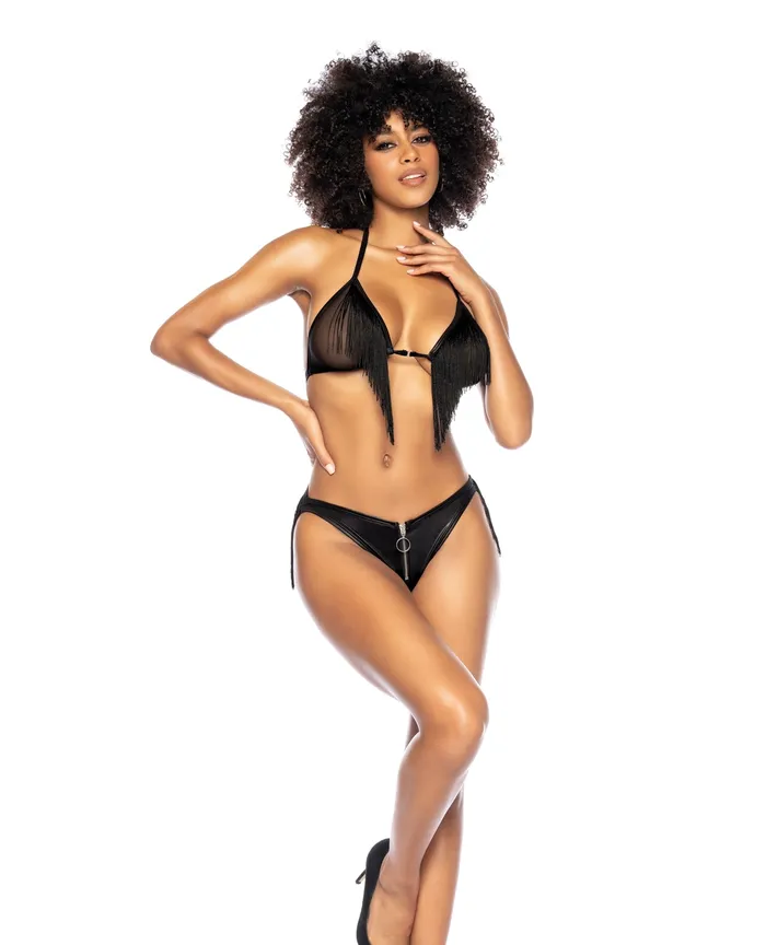 Fringe Halter Top Open Back Bottom wFront Zipper Black SM Mapale Anal