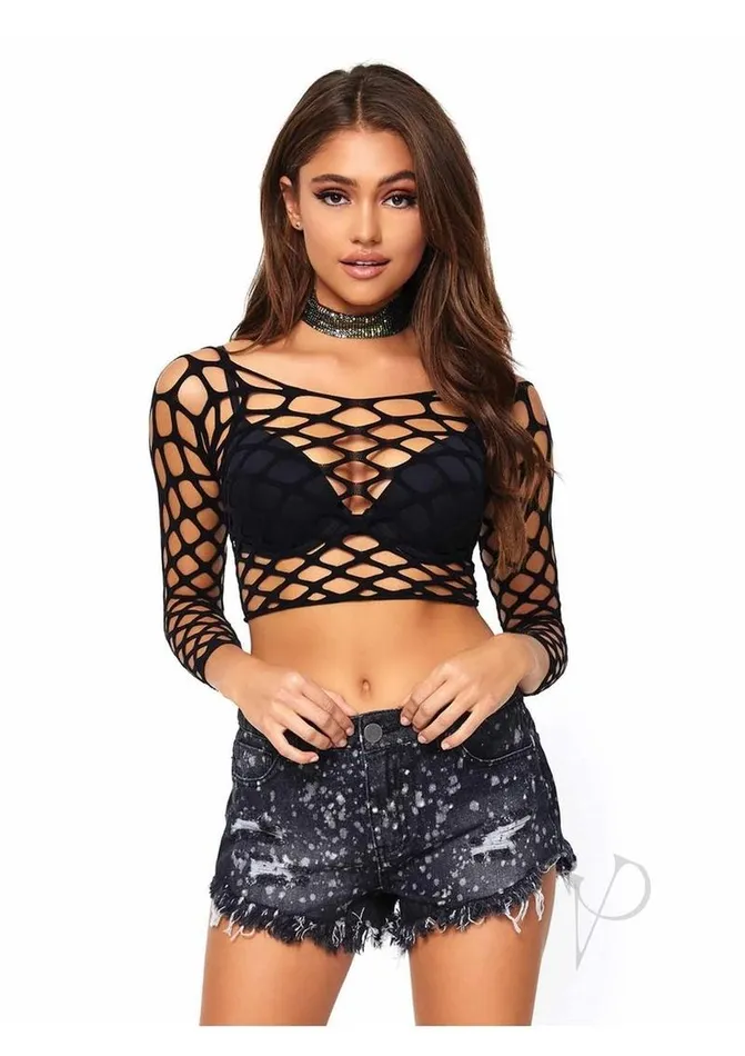 Leg Avenue Anal Leg Avenue Pothole Net Long Sleeved Crop Top OS Black