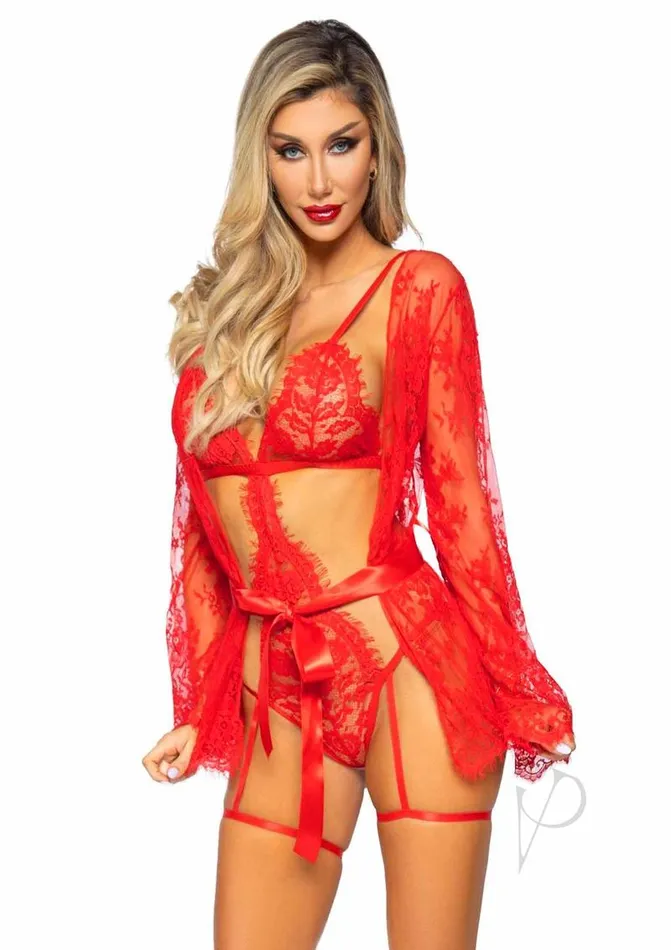 Leg Avenue Eyelash Lace Garter Teddy with GString Back and Adjustable Straps Lace Robe and Ribbon Tie 3 pieces Small Red Leg Avenue Male Sex Toys