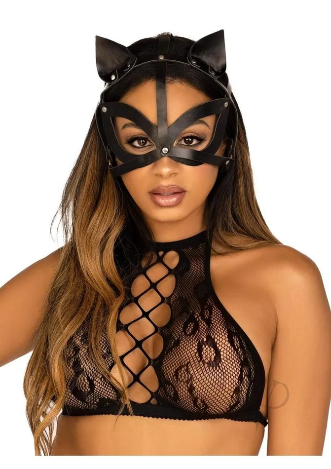 Leg Avenue Vegan Leather Studded Cat Mask OS Black Leg Avenue Restraints