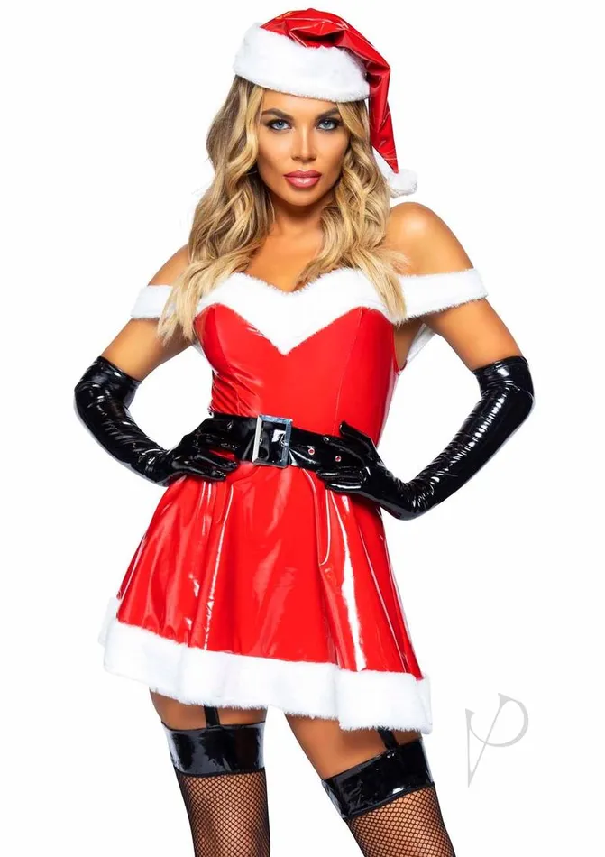Leg Avenue Vibrators Leg Avenue Naughty Santa Off The Shoulder Vinyl Dress with Tie Back Halter Straps Belt and Santa Hat 3 pieces Large RedWhite