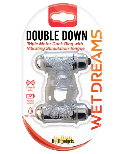 Male Sex Toys Wet Dreams Wet Dreams Double Down Triple Motor Cock Ring with Vibrating Stimulating Tongue Waterproof Clear