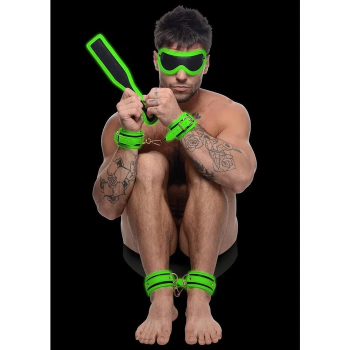 Master Series Dildos Kink in the Dark Glowing Cuffs Blindfold and Paddle Bondage Set