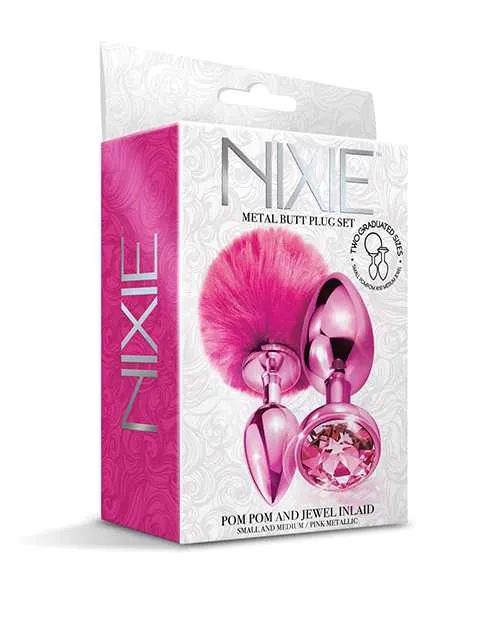 Nixie Metal Butt Plug Set wJewel Inlaid Pom Pom Pink Metallic Nixie Anal
