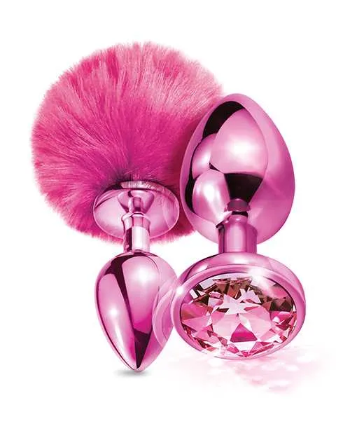 Nixie Metal Butt Plug Set wJewel Inlaid Pom Pom Pink Metallic Nixie Anal Nixie Metal Butt Plug Set wJewel Inlaid Pom Pom Pink Metallic Nixie Anal