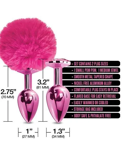 Nixie Metal Butt Plug Set wJewel Inlaid Pom Pom Pink Metallic Nixie Anal Nixie Metal Butt Plug Set wJewel Inlaid Pom Pom Pink Metallic Nixie Anal