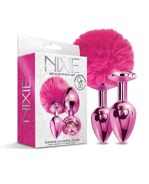 Nixie Metal Butt Plug Set wJewel Inlaid Pom Pom Pink Metallic Nixie Anal Nixie Metal Butt Plug Set wJewel Inlaid Pom Pom Pink Metallic Nixie Anal