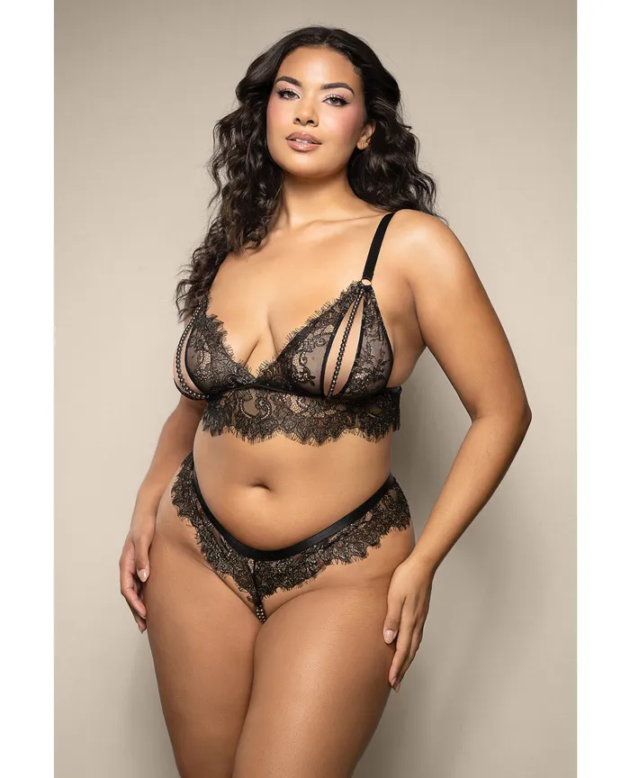 Opulence By Fantasy Vibrators Opulence Metallic Eyelash Lace Bralette wPearl String Crotch Panty Black QN