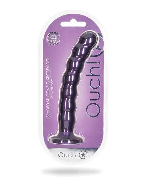 Ouch Female Sex Toys Ouch Beaded GSpot Silicone Dildo 8in Metallic Purple