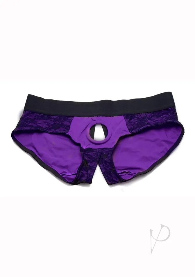 Strap U Lace Envy Lace Crotchless Panty Harness SmallMedium PurpleBlack Strap U Female Sex Toys