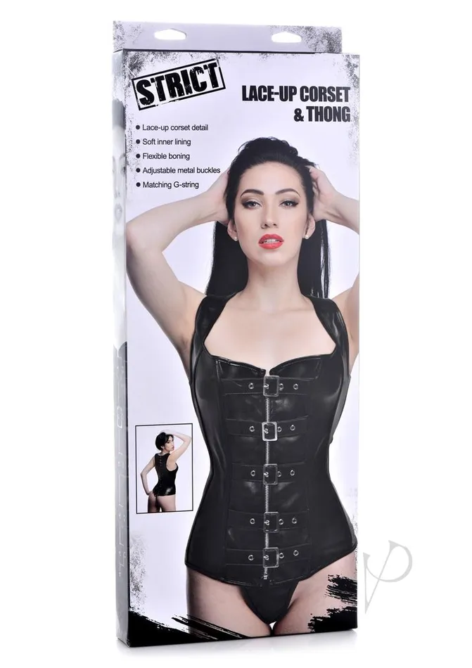 Strict Anal Strict LaceUp Corset Vest and Thong Medium Black