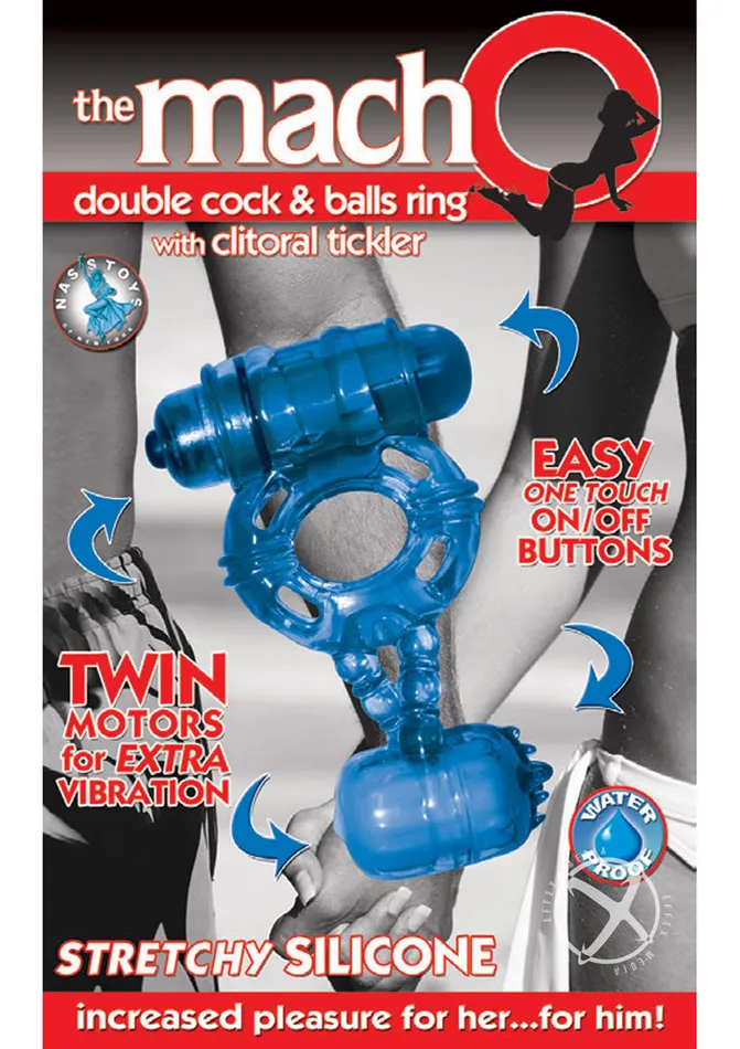 The MachO Double Cock and Balls Silicone Cock Ring Blue Macho Dildos