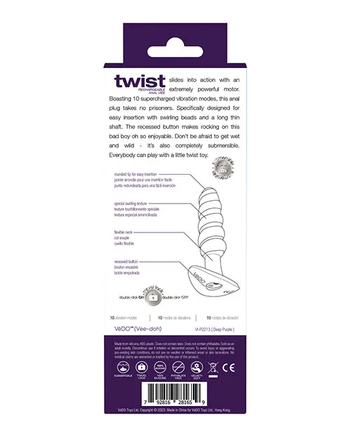 VeDO Twist Rechargeable Anal Plug Purple Vedo Anal VeDO Twist Rechargeable Anal Plug Purple Vedo Anal