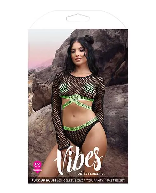 Vibes By Fantasy Lingerie Vibes Fuck Ur Rules Long Sleeve Crop Top Panty Pasties BlackGreen SM Vibrators Vibes By Fantasy Lingerie Vibes Fuck Ur Rules Long Sleeve Crop Top Panty Pasties BlackGreen SM Vibrators
